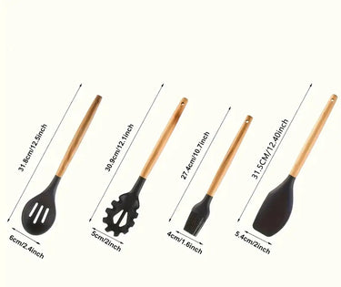 Set of four kitchen utensils with measurements on a white background